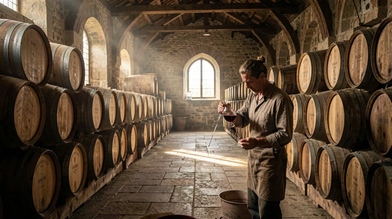 New French oak barrels in a Bordeaux château