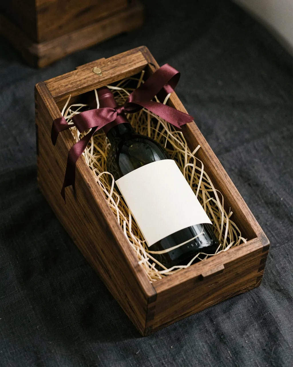 A wooden wine gift case with a burgundy ribbon